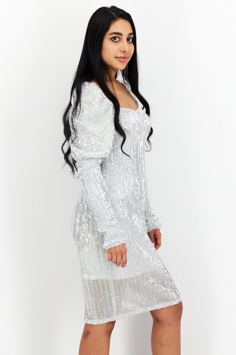 NA-KD Women Textured Midi Dress, Silver - Image 3