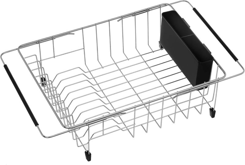 iPEGTOP Expandable Multifunctional Dish Drying Rack, Over The Sink, in Sink Or On Counter Dish Drainer Basket Shelf with Black Utensil Silverware Holder, Rustproof Stainless Organizer - Image 1