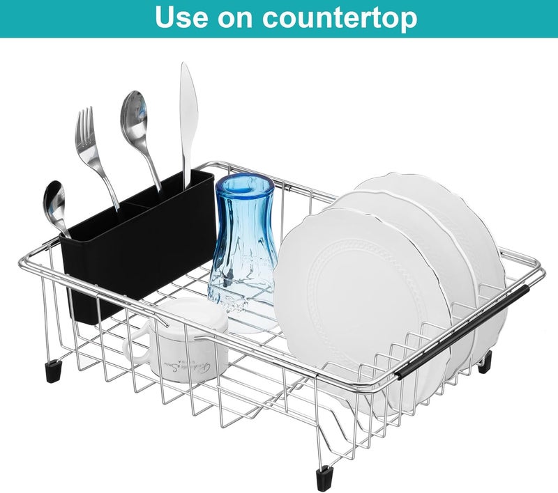 iPEGTOP Expandable Multifunctional Dish Drying Rack, Over The Sink, in Sink Or On Counter Dish Drainer Basket Shelf with Black Utensil Silverware Holder, Rustproof Stainless Organizer - Image 3