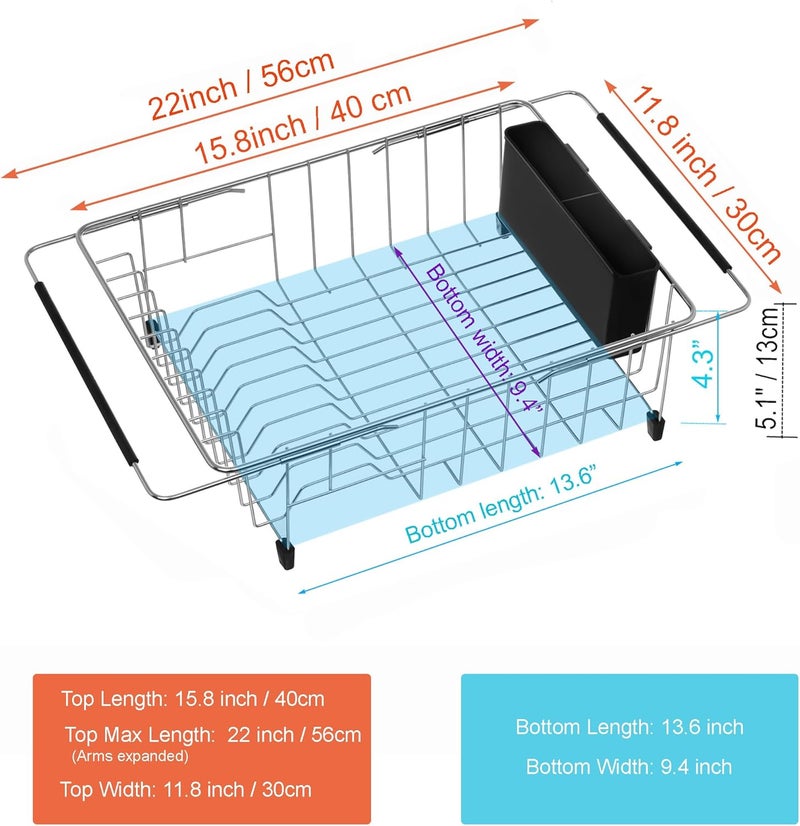 iPEGTOP Expandable Multifunctional Dish Drying Rack, Over The Sink, in Sink Or On Counter Dish Drainer Basket Shelf with Black Utensil Silverware Holder, Rustproof Stainless Organizer - Image 2