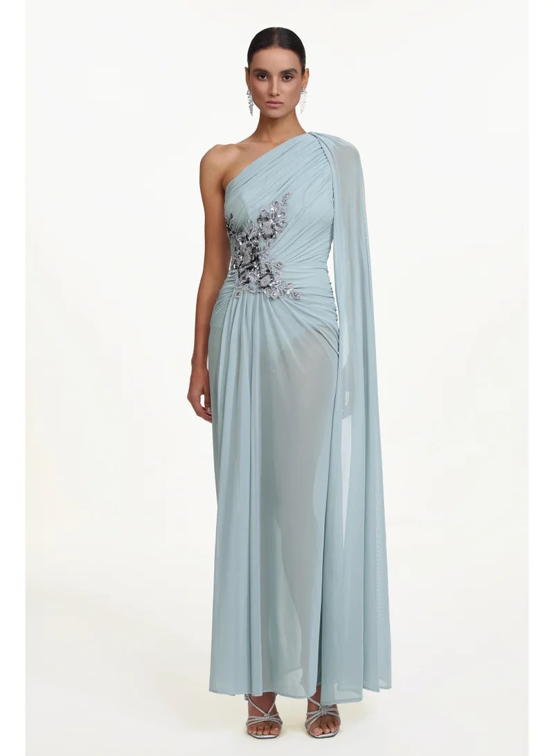 Bella Barnett Kaylee Elegant Flowy One Shoulder Sequin Embroidered Ruched Mesh Maxi Dress