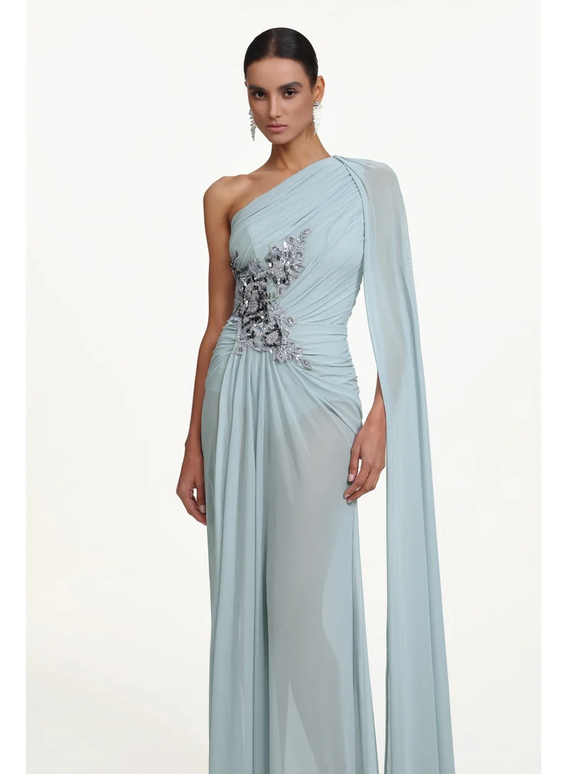 Bella Barnett Kaylee Elegant Flowy One Shoulder Sequin Embroidered Ruched Mesh Maxi Dress