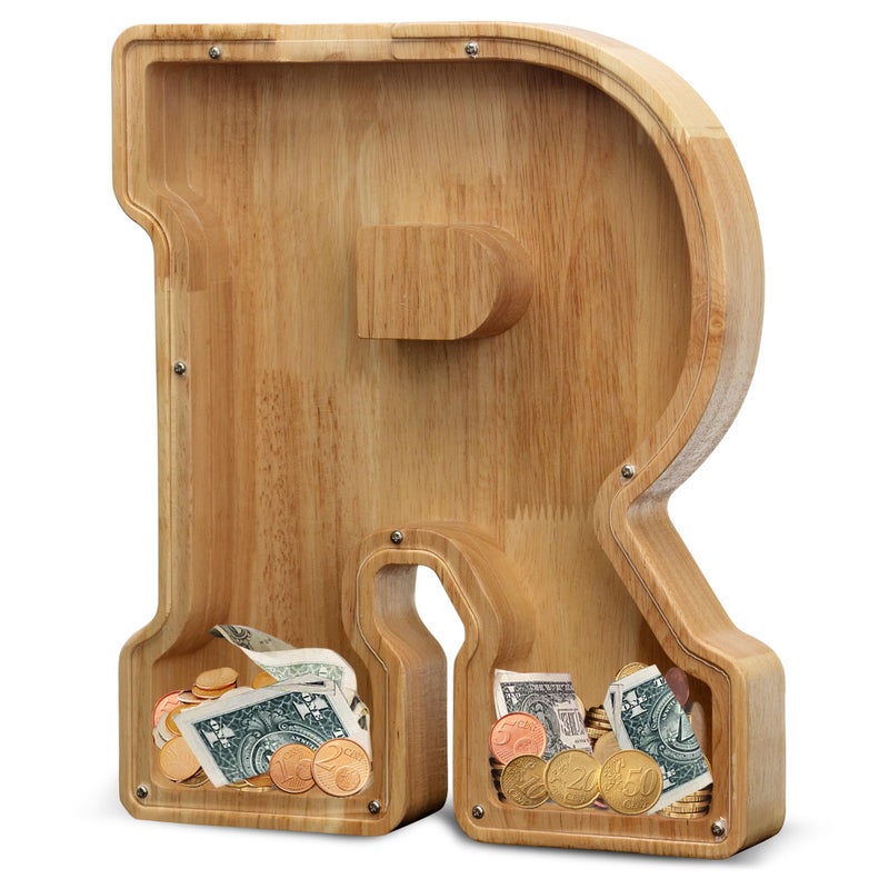AORCMITN Extra Large Wooden Letter Coin Piggy Bank for Boys Girls Kids Toddler Alphabet R Money Bank InitialR12 - Image 3