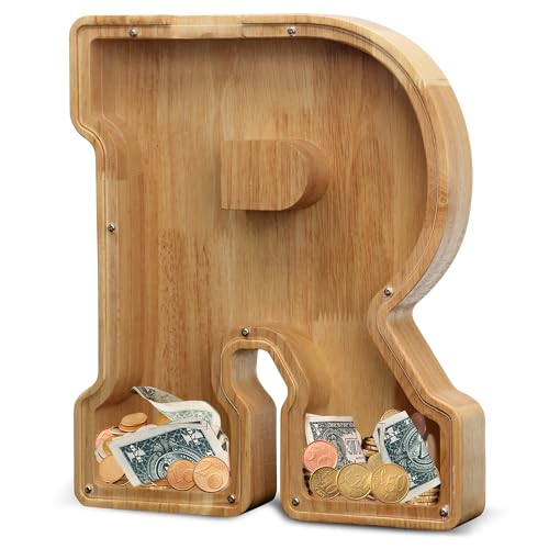 AORCMITN Extra Large Wooden Letter Coin Piggy Bank for Boys Girls Kids Toddler Alphabet R Money Bank InitialR12 - Image 1