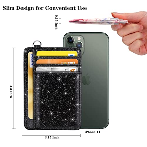 Coco Rossi Slim Front Pocket Wallet RFID ID Card Holder Cute Small Wallet with Keychian for Women,Black Glitter - Image 5