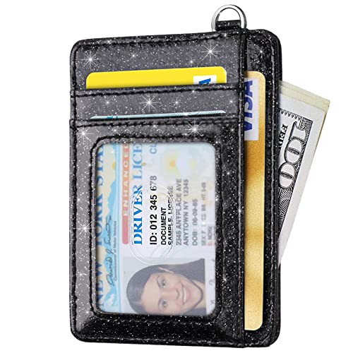 Coco Rossi Slim Front Pocket Wallet RFID ID Card Holder Cute Small Wallet with Keychian for Women,Black Glitter - Image 2