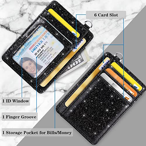 Coco Rossi Slim Front Pocket Wallet RFID ID Card Holder Cute Small Wallet with Keychian for Women,Black Glitter - Image 3