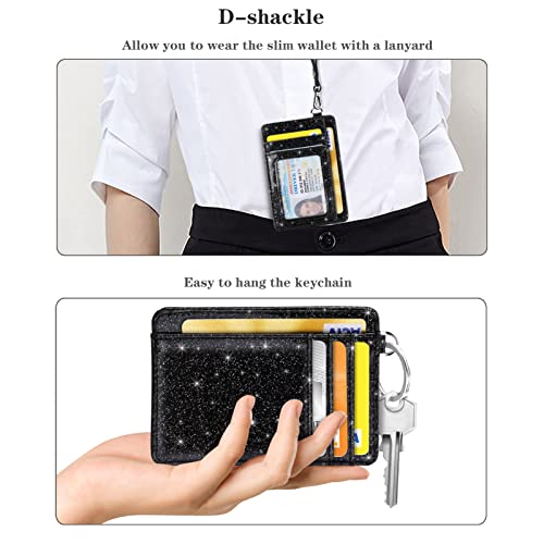 Coco Rossi Slim Front Pocket Wallet RFID ID Card Holder Cute Small Wallet with Keychian for Women,Black Glitter - Image 4
