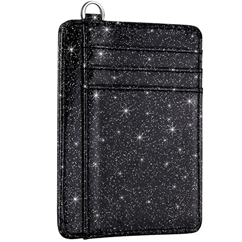 Coco Rossi Slim Front Pocket Wallet RFID ID Card Holder Cute Small Wallet with Keychian for Women,Black Glitter - Image 1