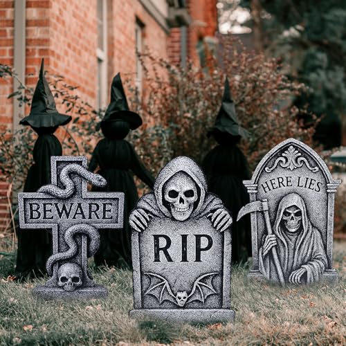 PhyLence 6 Pack Halloween Yard Signs Tombstone Set – 15 x 10 Inch Large Plastic Graveyard Decorations with Stakes, RIP Skull and Skeleton Tombstones for Lawn, Outdoor Haunted House and Party Decor - Image 4