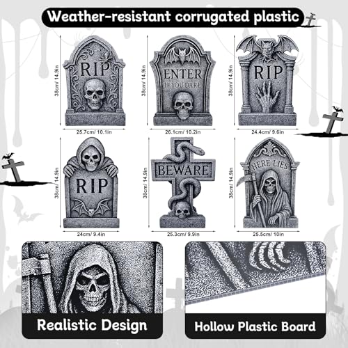 PhyLence 6 Pack Halloween Yard Signs Tombstone Set – 15 x 10 Inch Large Plastic Graveyard Decorations with Stakes, RIP Skull and Skeleton Tombstones for Lawn, Outdoor Haunted House and Party Decor - Image 3