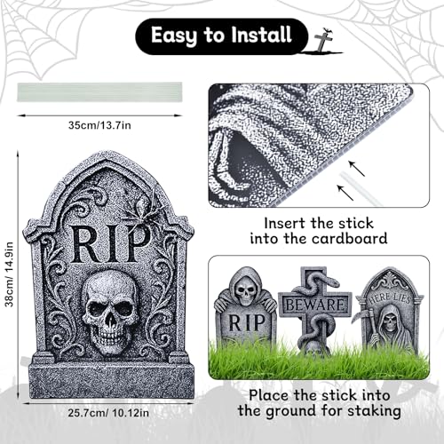 PhyLence 6 Pack Halloween Yard Signs Tombstone Set – 15 x 10 Inch Large Plastic Graveyard Decorations with Stakes, RIP Skull and Skeleton Tombstones for Lawn, Outdoor Haunted House and Party Decor - Image 2