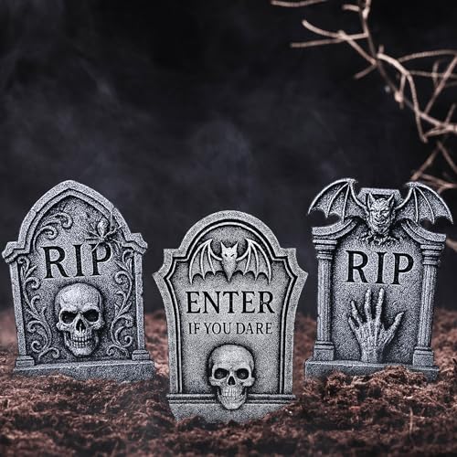 PhyLence 6 Pack Halloween Yard Signs Tombstone Set – 15 x 10 Inch Large Plastic Graveyard Decorations with Stakes, RIP Skull and Skeleton Tombstones for Lawn, Outdoor Haunted House and Party Decor - Image 5