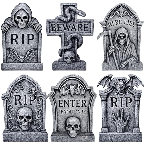 PhyLence 6 Pack Halloween Yard Signs Tombstone Set – 15 x 10 Inch Large Plastic Graveyard Decorations with Stakes, RIP Skull and Skeleton Tombstones for Lawn, Outdoor Haunted House and Party Decor - Image 1