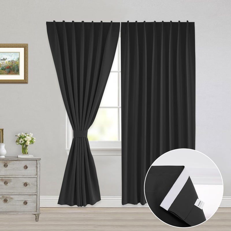 Muamar 2pcs Blackout Curtains for Bedroom with Tiebacks Self Adhesive Rodless Curtains  Portable Curtains Room Darkening Curtains for Living Room Black 52"" W x 84"" L - Image 1