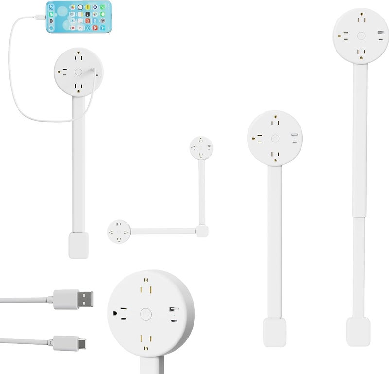 كاست ويف شريط تمديد قابل للتمديد مع منفذين تيار متردد ومنافذ شحن USB-A و USB-C، ومخرج تمديد تلسكوبي دوار 180 درجة (17-27 بوصة) للمساحات التي يصعب الوصول إليها خلف الأرائك والمكاتب ومناضد السرير. - Image 1