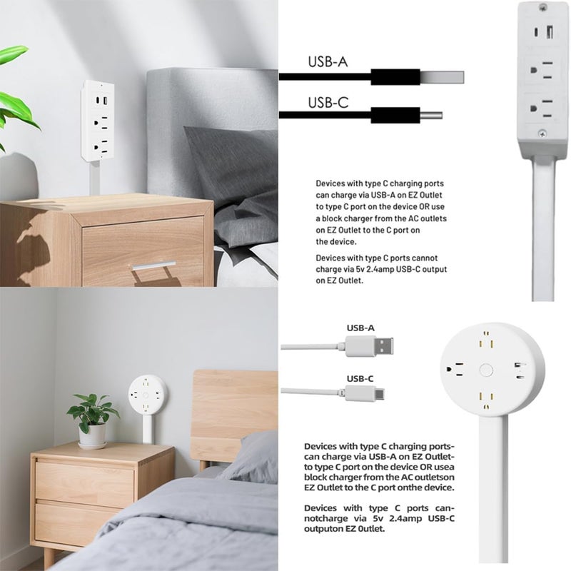 كاست ويف شريط تمديد قابل للتمديد مع منفذين تيار متردد ومنافذ شحن USB-A و USB-C، ومخرج تمديد تلسكوبي دوار 180 درجة (17-27 بوصة) للمساحات التي يصعب الوصول إليها خلف الأرائك والمكاتب ومناضد السرير. - Image 2
