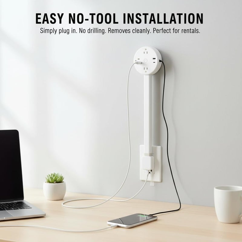 كاست ويف شريط تمديد قابل للتمديد مع منفذين تيار متردد ومنافذ شحن USB-A و USB-C، ومخرج تمديد تلسكوبي دوار 180 درجة (17-27 بوصة) للمساحات التي يصعب الوصول إليها خلف الأرائك والمكاتب ومناضد السرير. - Image 3