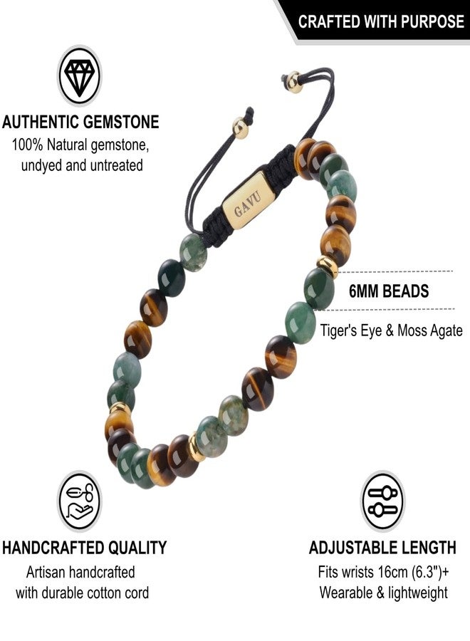 GAVU 6mm Handcrafted Men's Tiger Eye Bracelet, Adjustable Moss Agate Bracelet for Men 6.75" - Image 2