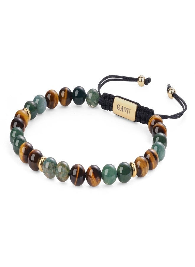 GAVU 6mm Handcrafted Men's Tiger Eye Bracelet, Adjustable Moss Agate Bracelet for Men 6.75" - Image 1
