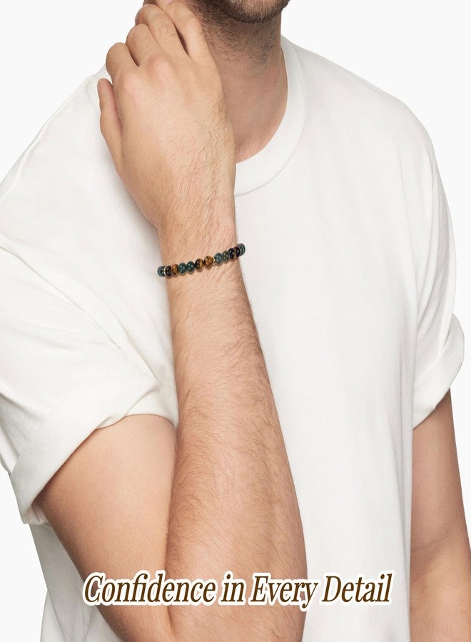 GAVU 6mm Handcrafted Men's Tiger Eye Bracelet, Adjustable Moss Agate Bracelet for Men 6.75" - Image 3