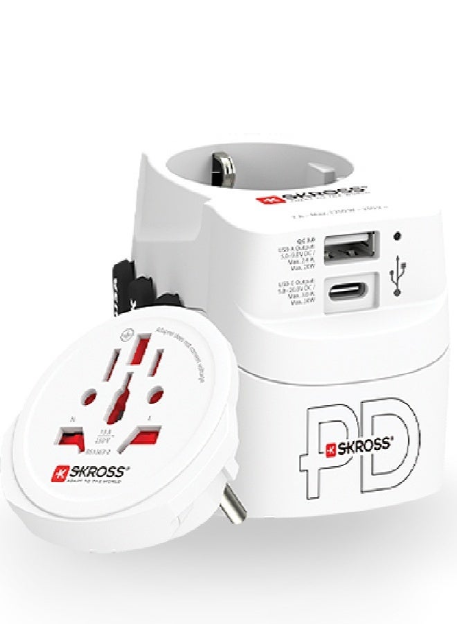 SKROSS Universal travel adapter. 50W power adapter features two charging ports (30W Type C port & 20W USB). supports Power Delivery (PD) fast charging and compatible with US, European, UK, Japanese, and Chinese power outlets. travel adapter includes advanced protection against voltage fluctuations and is compatible with power outlets in virtually every country. - Image 1