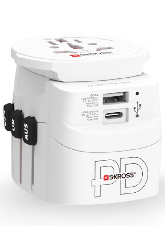 SKROSS Universal travel adapter. 50W power adapter features two charging ports (30W Type C port & 20W USB). supports Power Delivery (PD) fast charging and compatible with US, European, UK, Japanese, and Chinese power outlets. travel adapter includes advanced protection against voltage fluctuations and is compatible with power outlets in virtually every country. - Image 2