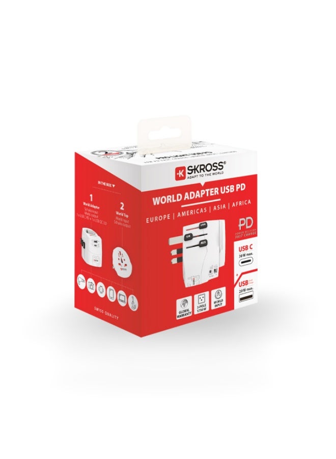 SKROSS Universal travel adapter. 50W power adapter features two charging ports (30W Type C port & 20W USB). supports Power Delivery (PD) fast charging and compatible with US, European, UK, Japanese, and Chinese power outlets. travel adapter includes advanced protection against voltage fluctuations and is compatible with power outlets in virtually every country. - Image 5