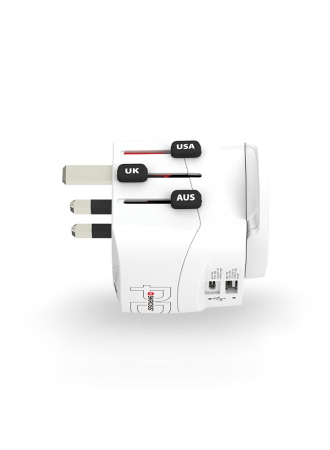 SKROSS Universal travel adapter. 50W power adapter features two charging ports (30W Type C port & 20W USB). supports Power Delivery (PD) fast charging and compatible with US, European, UK, Japanese, and Chinese power outlets. travel adapter includes advanced protection against voltage fluctuations and is compatible with power outlets in virtually every country. - Image 3