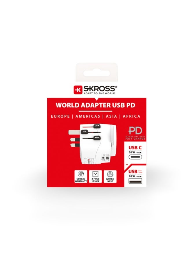 SKROSS Universal travel adapter. 50W power adapter features two charging ports (30W Type C port & 20W USB). supports Power Delivery (PD) fast charging and compatible with US, European, UK, Japanese, and Chinese power outlets. travel adapter includes advanced protection against voltage fluctuations and is compatible with power outlets in virtually every country. - Image 4