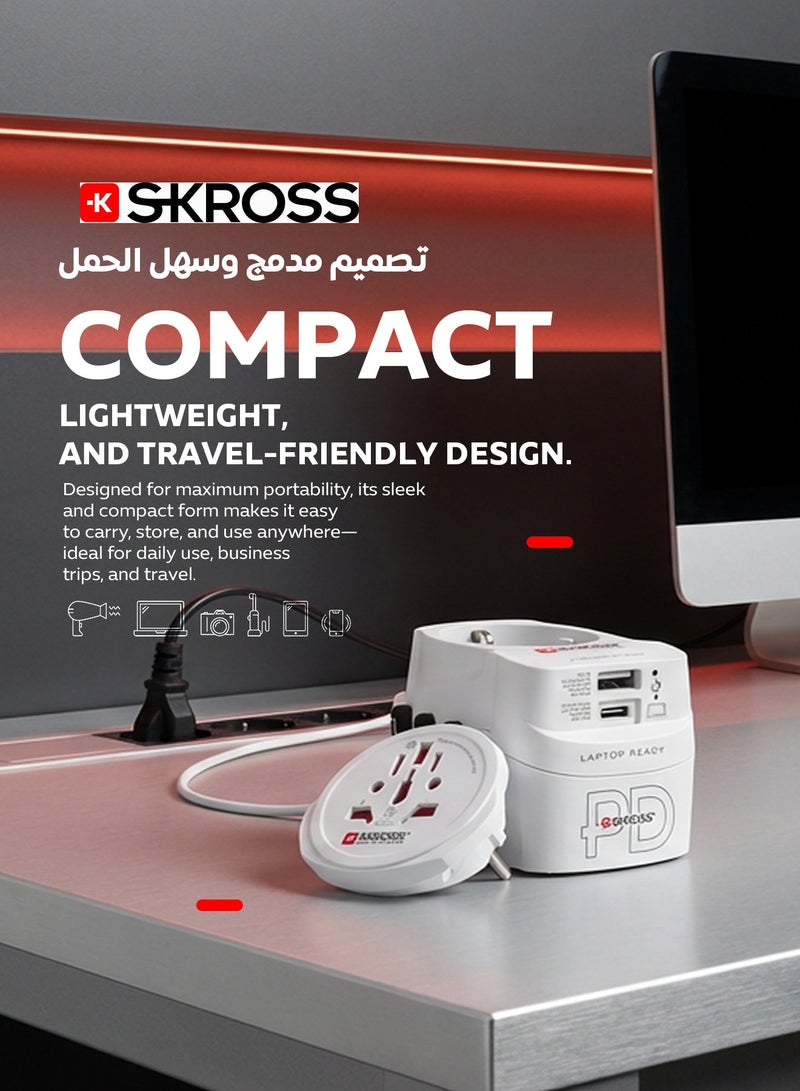 SKROSS Universal travel adapter. 50W power adapter features two charging ports (30W Type C port & 20W USB). supports Power Delivery (PD) fast charging and compatible with US, European, UK, Japanese, and Chinese power outlets. travel adapter includes advanced protection against voltage fluctuations and is compatible with power outlets in virtually every country. - Image 4
