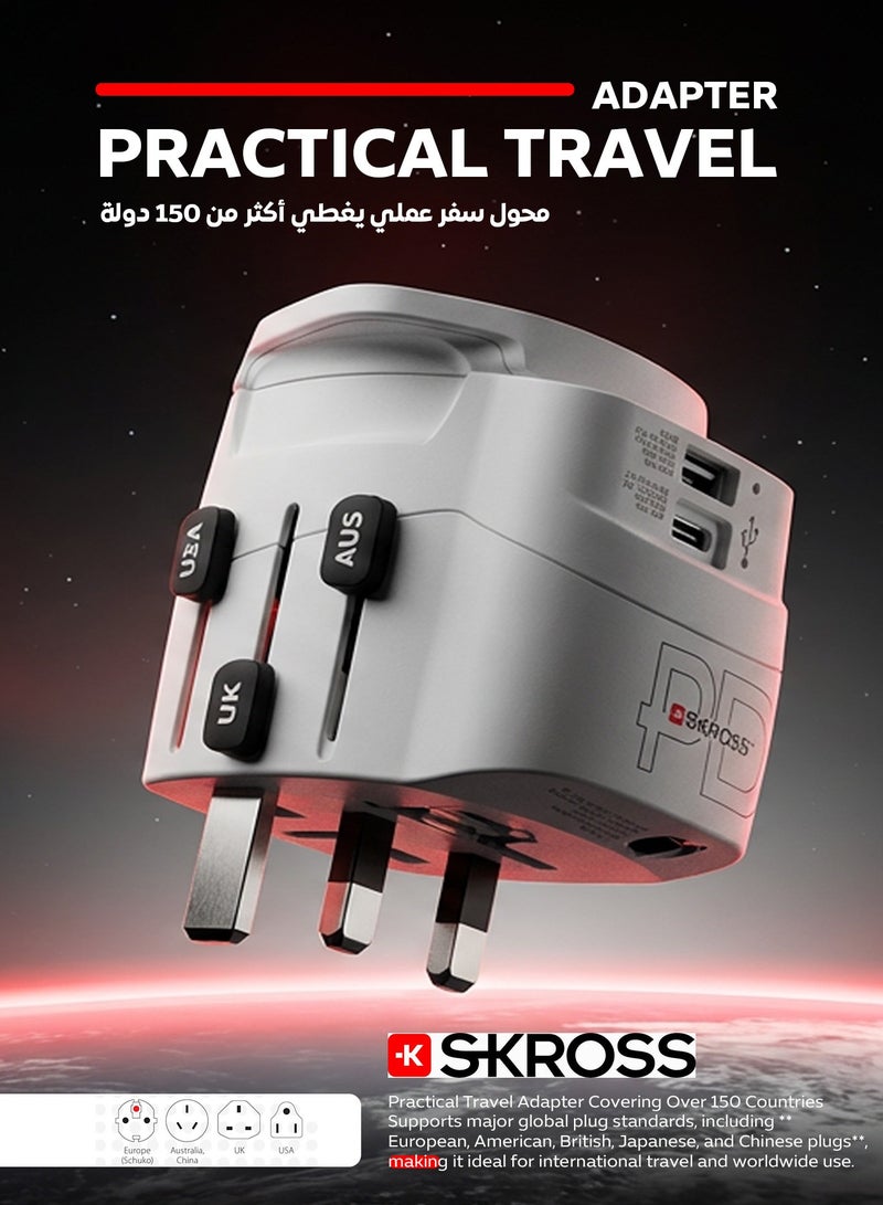 SKROSS Universal travel adapter. 50W power adapter features two charging ports (30W Type C port & 20W USB). supports Power Delivery (PD) fast charging and compatible with US, European, UK, Japanese, and Chinese power outlets. travel adapter includes advanced protection against voltage fluctuations and is compatible with power outlets in virtually every country. - Image 2
