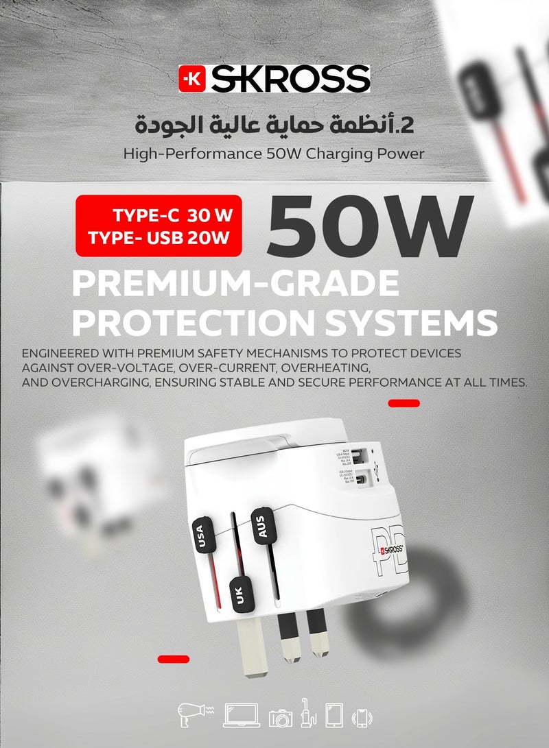 SKROSS Universal travel adapter. 50W power adapter features two charging ports (30W Type C port & 20W USB). supports Power Delivery (PD) fast charging and compatible with US, European, UK, Japanese, and Chinese power outlets. travel adapter includes advanced protection against voltage fluctuations and is compatible with power outlets in virtually every country. - Image 3