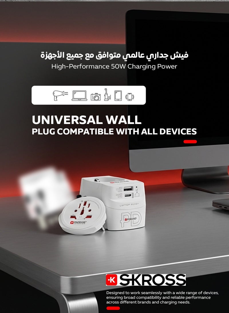 SKROSS Universal travel adapter. 50W power adapter features two charging ports (30W Type C port & 20W USB). supports Power Delivery (PD) fast charging and compatible with US, European, UK, Japanese, and Chinese power outlets. travel adapter includes advanced protection against voltage fluctuations and is compatible with power outlets in virtually every country. - Image 5