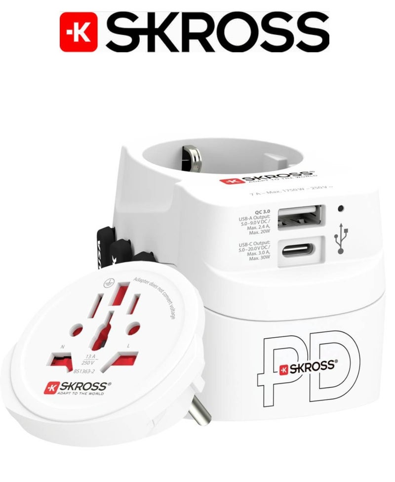 SKROSS Universal travel adapter. 50W power adapter features two charging ports (30W Type C port & 20W USB). supports Power Delivery (PD) fast charging and compatible with US, European, UK, Japanese, and Chinese power outlets. travel adapter includes advanced protection against voltage fluctuations and is compatible with power outlets in virtually every country. - Image 1