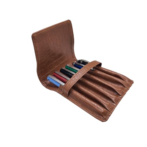 essart Faux Leather 6-Slot Pen Case with Secure Loop - Stylish & Durable, Perfect for Fountain Pens in Croco Tan Color - Image 1