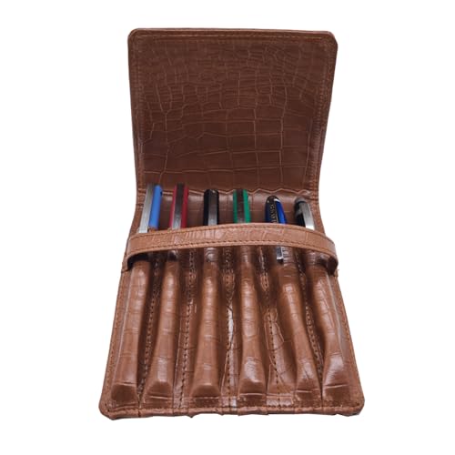 essart Faux Leather 6-Slot Pen Case with Secure Loop - Stylish & Durable, Perfect for Fountain Pens in Croco Tan Color - Image 5