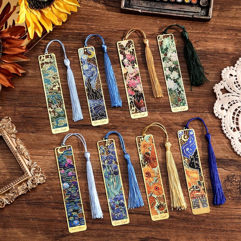icceemee 8 Pieces of Gold Hollow Bookmarks with Tassels, Featuring Van Gogh and Monet Oil Painting Themes. Perfect for Book Lovers, Writers, Readers, Children, Teenagers, Men, Women, and Adults (8) - Image 1