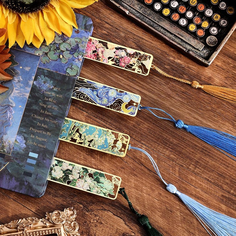 icceemee 8 Pieces of Gold Hollow Bookmarks with Tassels, Featuring Van Gogh and Monet Oil Painting Themes. Perfect for Book Lovers, Writers, Readers, Children, Teenagers, Men, Women, and Adults (8) - Image 3