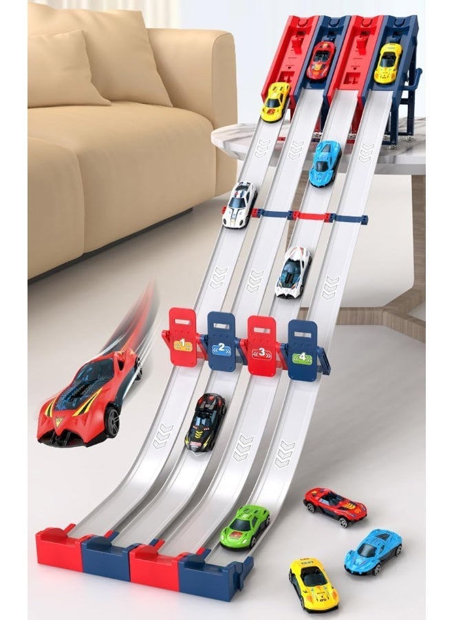 Kidzilla Multiplayer Catapult Racing Track Toy Set - 4-Track Inertia Launch Pad Loop Game with 6 Die-Cast Alloy Mini Toy Cars & Accessories - Image 1