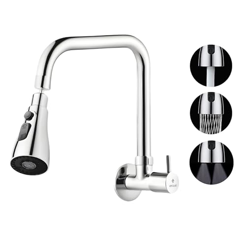 ENICET Brass Sink Tap for Kitchen, 3 Flow Modes, Flexible Swivel Spout Black, Wall Mount, Chrome Finish, Kitchen Sink Tap, Wash Basin Tap, 360 Rotating Sink Cock (FE107TF) (2 Bend 3 Flow) - Image 1