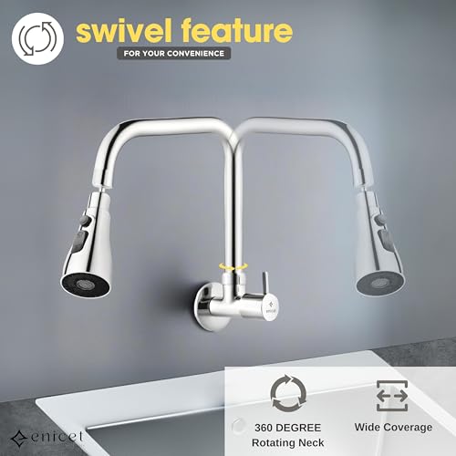 ENICET Brass Sink Tap for Kitchen, 3 Flow Modes, Flexible Swivel Spout Black, Wall Mount, Chrome Finish, Kitchen Sink Tap, Wash Basin Tap, 360 Rotating Sink Cock (FE107TF) (2 Bend 3 Flow) - Image 3