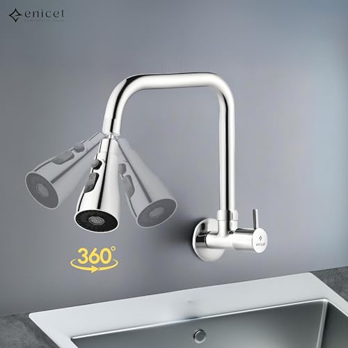 ENICET Brass Sink Tap for Kitchen, 3 Flow Modes, Flexible Swivel Spout Black, Wall Mount, Chrome Finish, Kitchen Sink Tap, Wash Basin Tap, 360 Rotating Sink Cock (FE107TF) (2 Bend 3 Flow) - Image 4