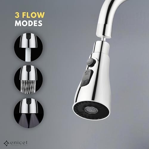 ENICET Brass Sink Tap for Kitchen, 3 Flow Modes, Flexible Swivel Spout Black, Wall Mount, Chrome Finish, Kitchen Sink Tap, Wash Basin Tap, 360 Rotating Sink Cock (FE107TF) (2 Bend 3 Flow) - Image 2
