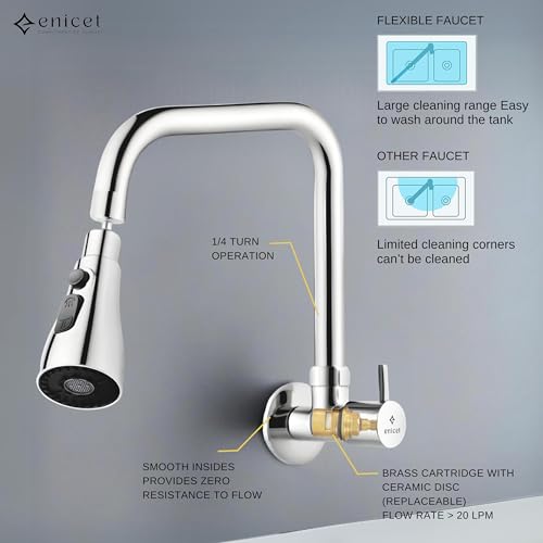 ENICET Brass Sink Tap for Kitchen, 3 Flow Modes, Flexible Swivel Spout Black, Wall Mount, Chrome Finish, Kitchen Sink Tap, Wash Basin Tap, 360 Rotating Sink Cock (FE107TF) (2 Bend 3 Flow) - Image 5
