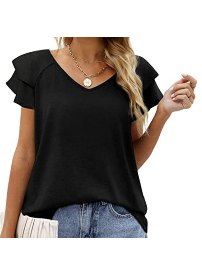 Song Feng Ya New European And American Women's Top V-neck Double-layer Lotus Leaf Short-sleeved Women's T-shirt 