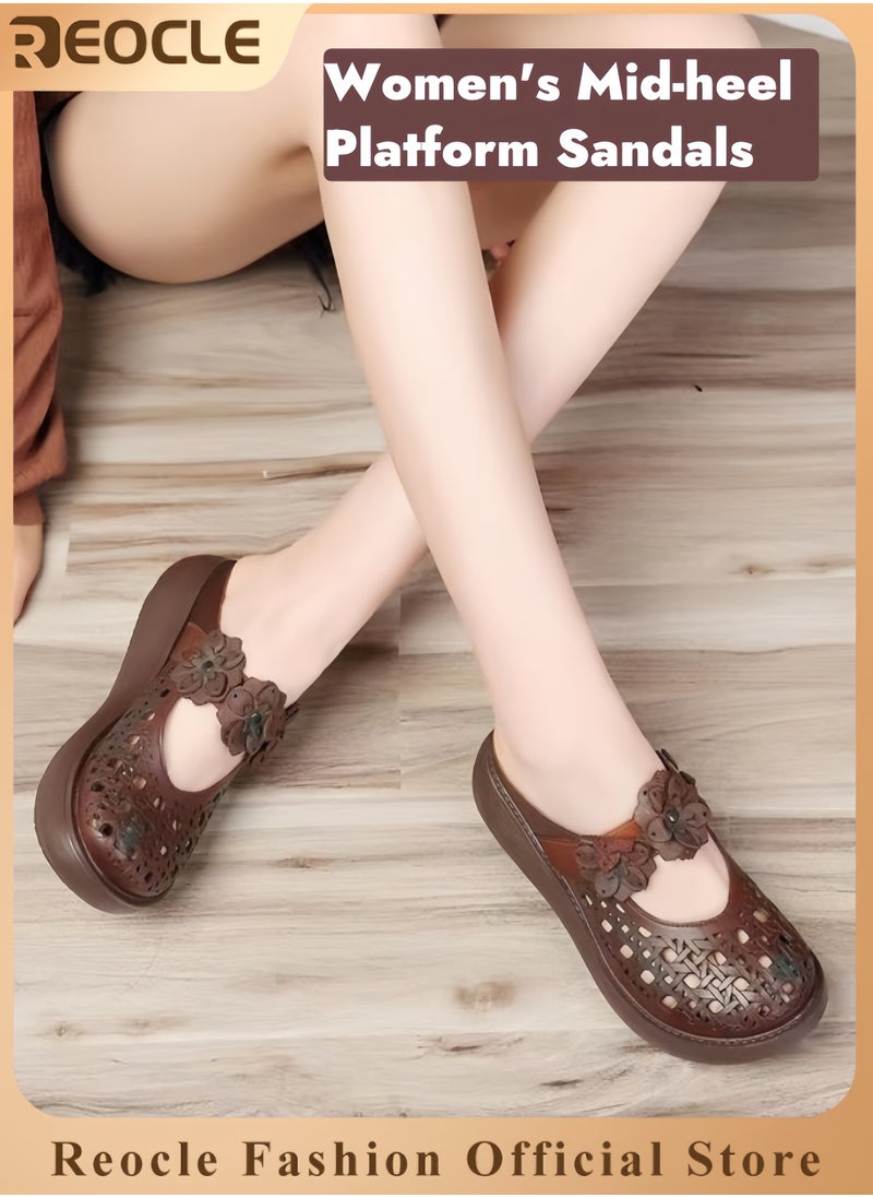 REOCLE Women's Mid-heel Platform Sandals with Flower Cutout Pattern Summer Leather Dress Flats Shoes Comfort Breathable Non-slip Soft Sole Flower Oxford Casual Sandals  - Image 1