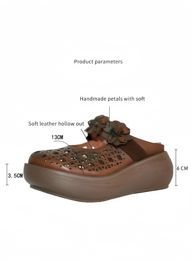 REOCLE Women's Mid-heel Platform Sandals with Flower Cutout Pattern Summer Leather Dress Flats Shoes Comfort Breathable Non-slip Soft Sole Flower Oxford Casual Sandals  - Image 3