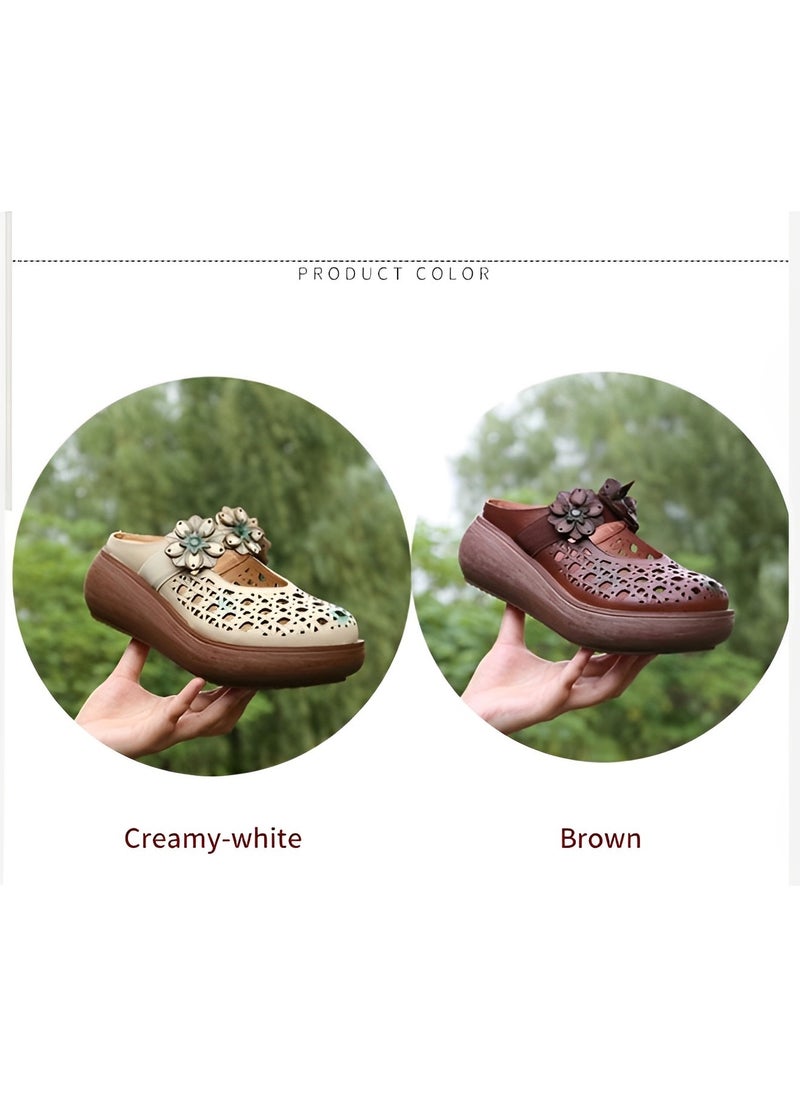 REOCLE Women's Mid-heel Platform Sandals with Flower Cutout Pattern Summer Leather Dress Flats Shoes Comfort Breathable Non-slip Soft Sole Flower Oxford Casual Sandals  - Image 2