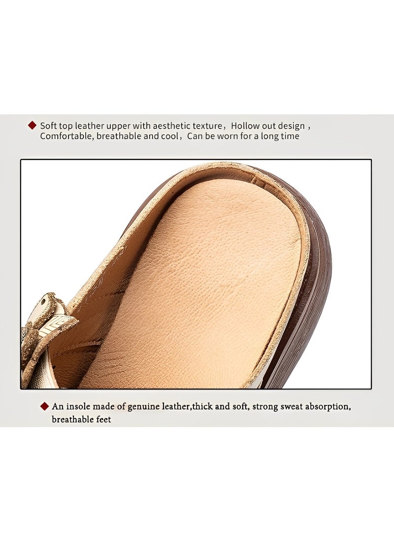 REOCLE Women's Mid-heel Platform Sandals with Flower Cutout Pattern Summer Leather Dress Flats Shoes Comfort Breathable Non-slip Soft Sole Flower Oxford Casual Sandals  - Image 5